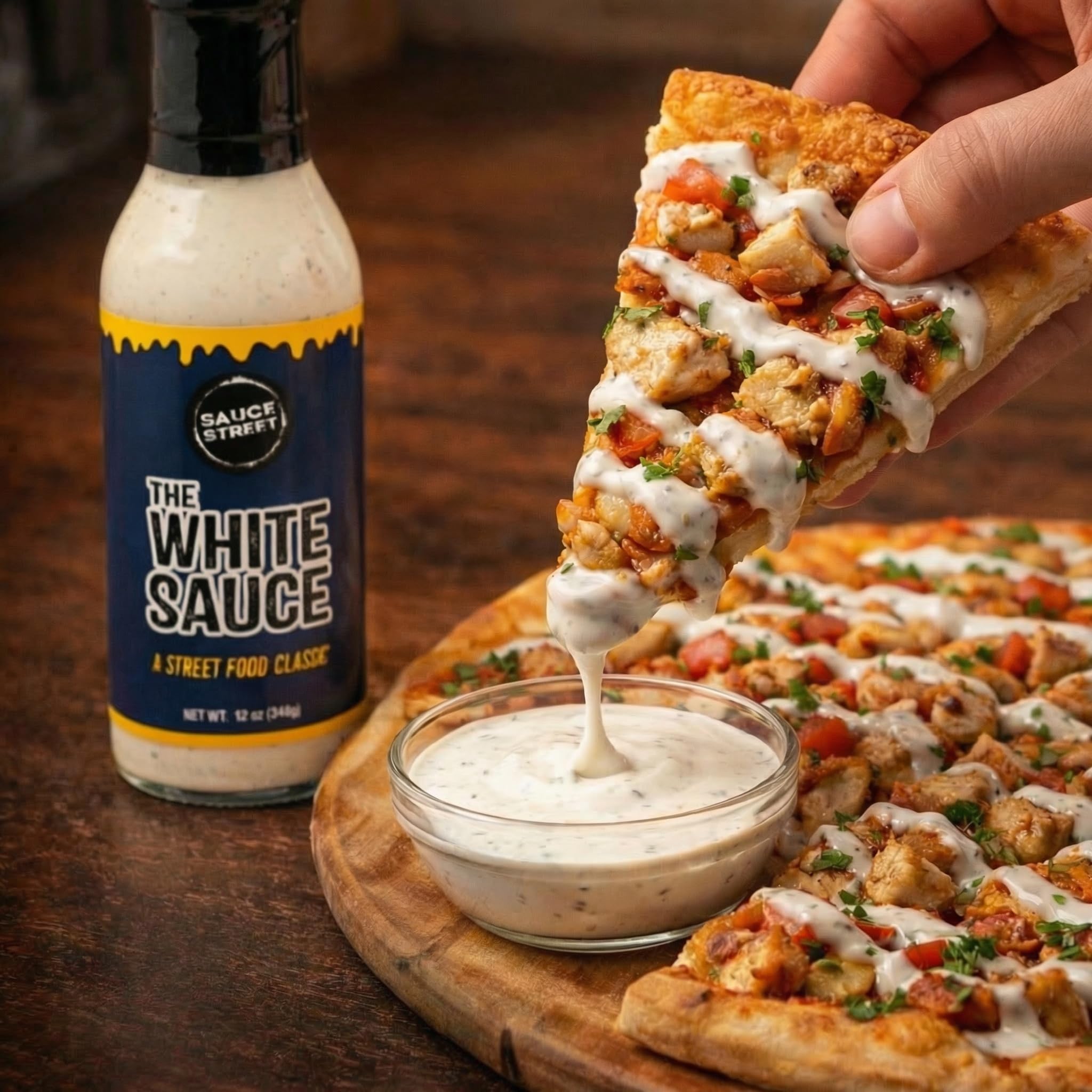Sauce Street drizzled on taco adding tang and mild spice benefit