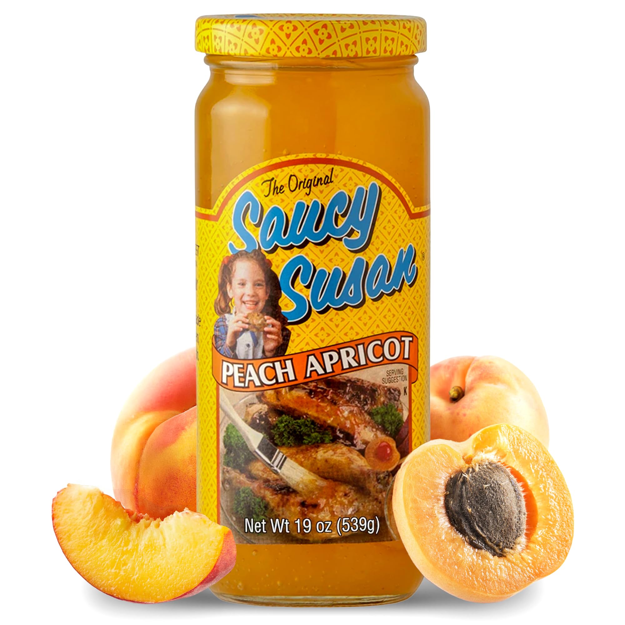 Saucy Susan jar front label showing peach apricot recipe and 19 oz size benefit