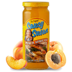 Saucy Susan jar front label showing peach apricot recipe and 19 oz size benefit