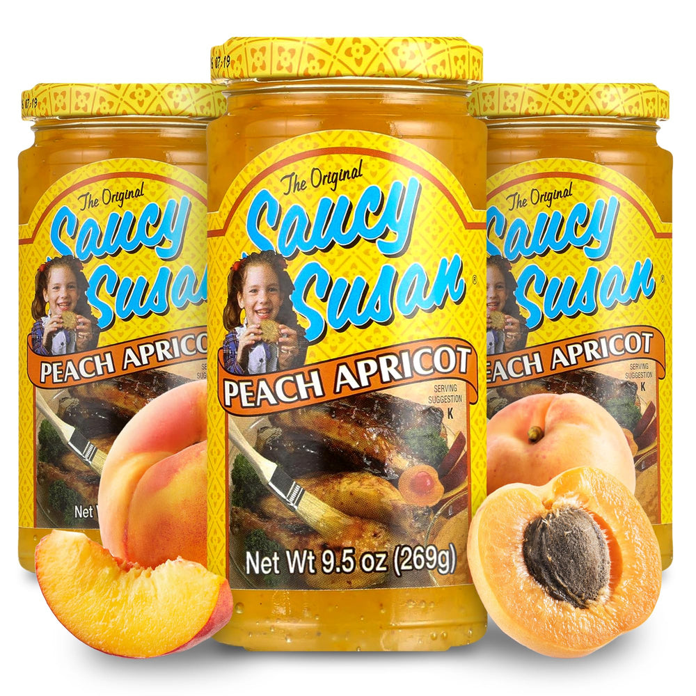 Saucy Susan front packaging showing three 9.5 oz jars and clear label for serving convenience