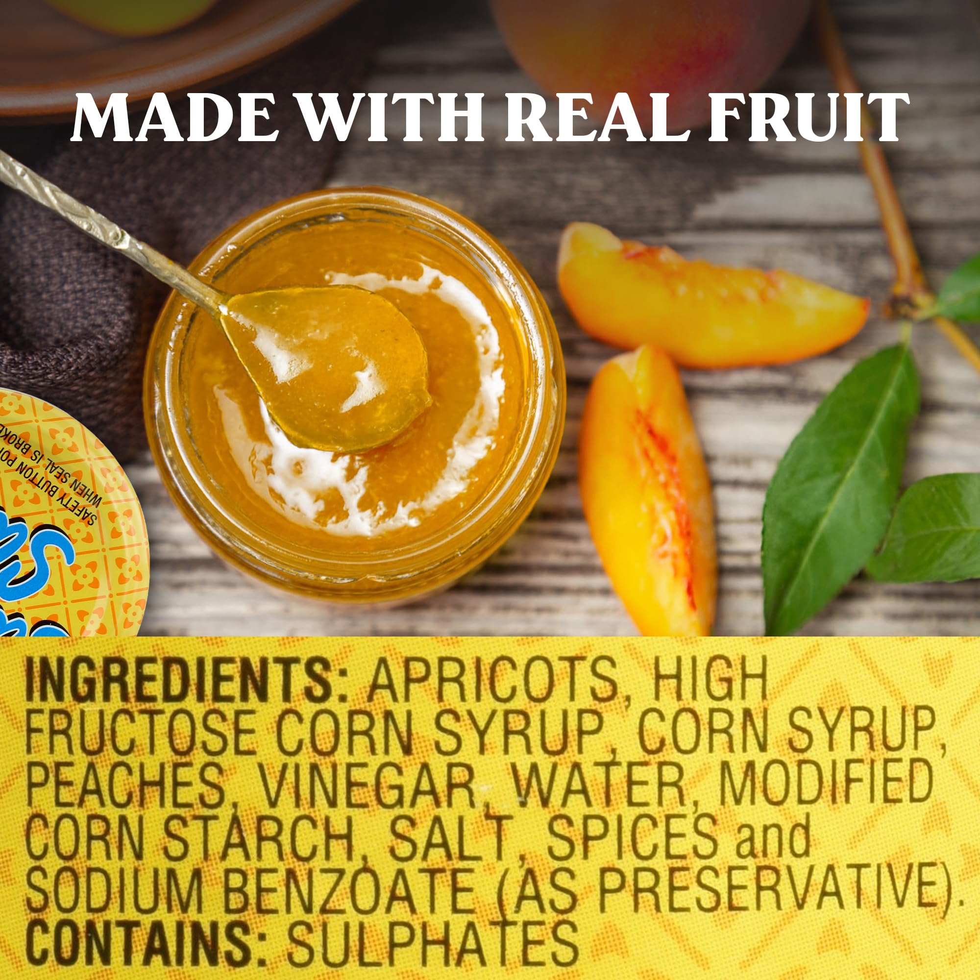 Smooth texture of Saucy Susan Peach Apricot sauce on a spoon showing spreadable consistency