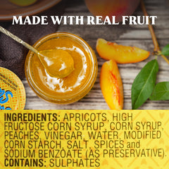 Smooth texture of Saucy Susan Peach Apricot sauce on a spoon showing spreadable consistency