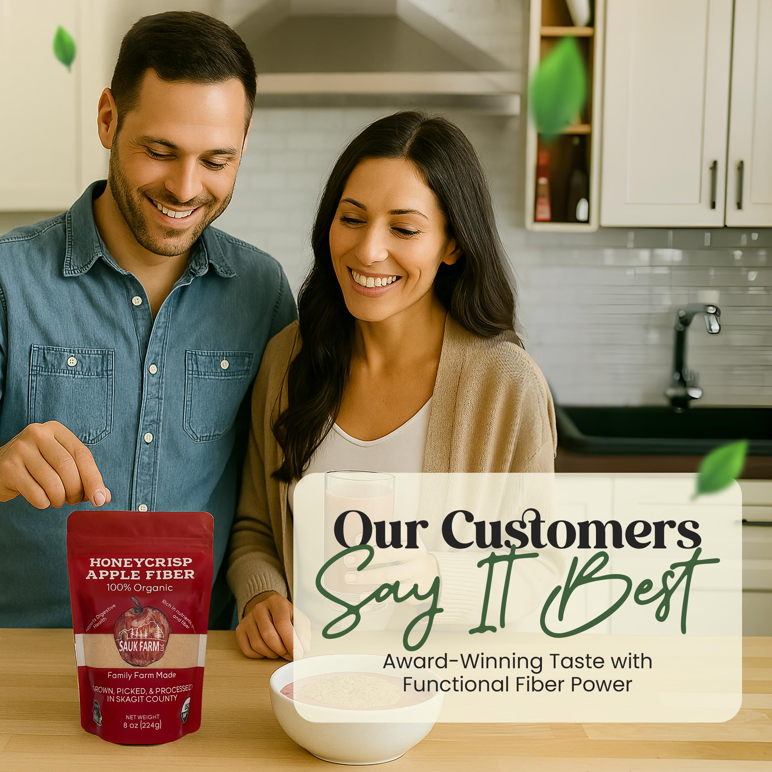 Sauk Farm apple fiber on kitchen counter with ingredients showing recipe use