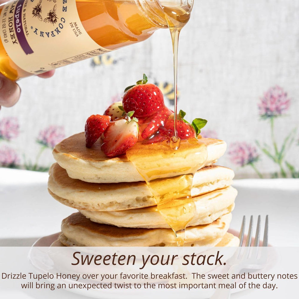 Savannah Bee Company label close-up highlighting Tupelo origin and raw honey details