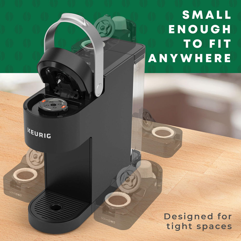Savepod kit on a kitchen counter near a Keurig brewer highlighting effortless daily routine
