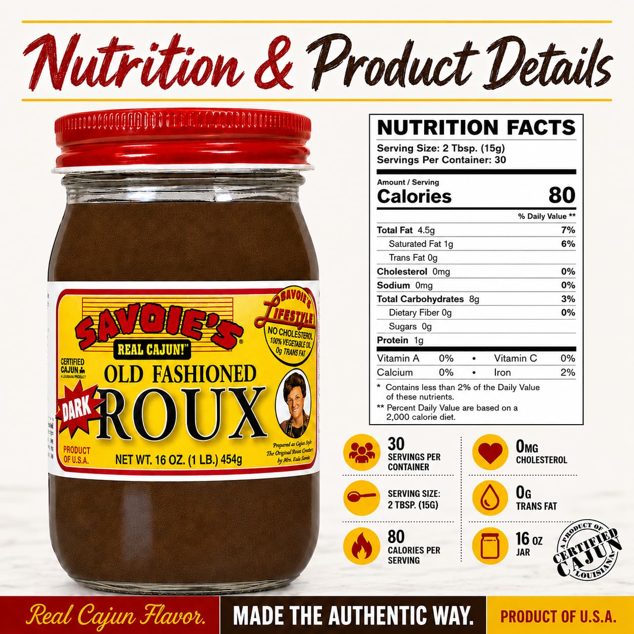 Savoie's open jar showing smooth dark roux texture and easy scooping benefit
