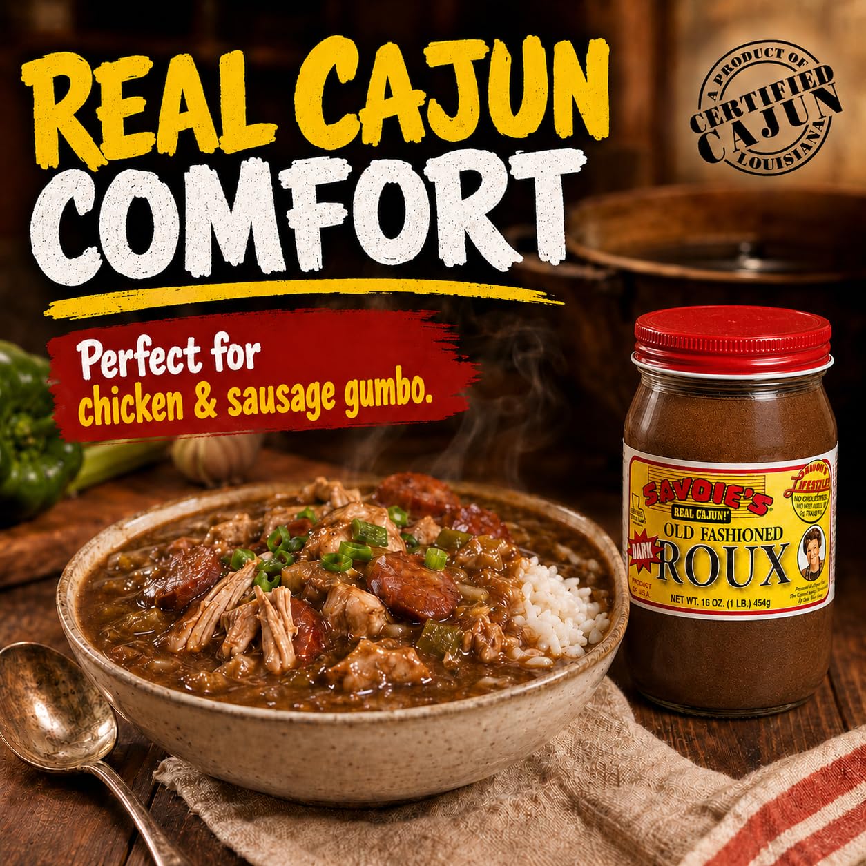Savoie's dark roux finished gravy served over rice, adding body and flavor