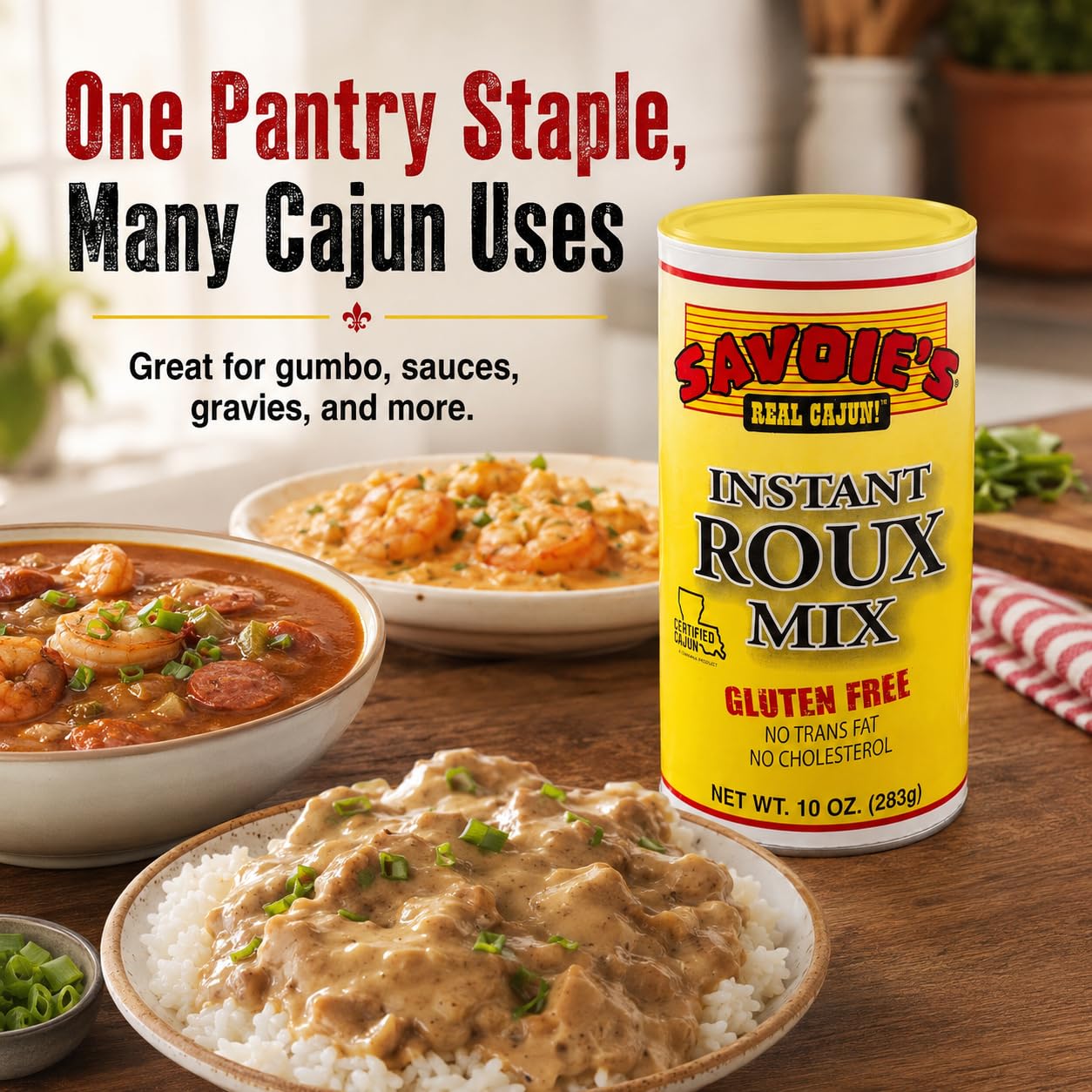 SAVOIE'S lifestyle shot serving gumbo showing easy home-cooking benefit