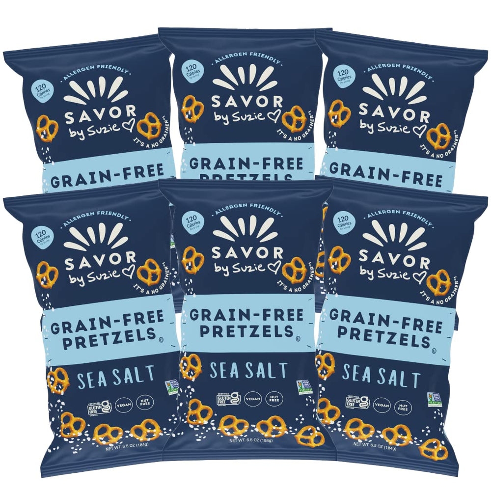 Savor by Suzie front packaging showing six sea salt snack packs and clear branding benefit