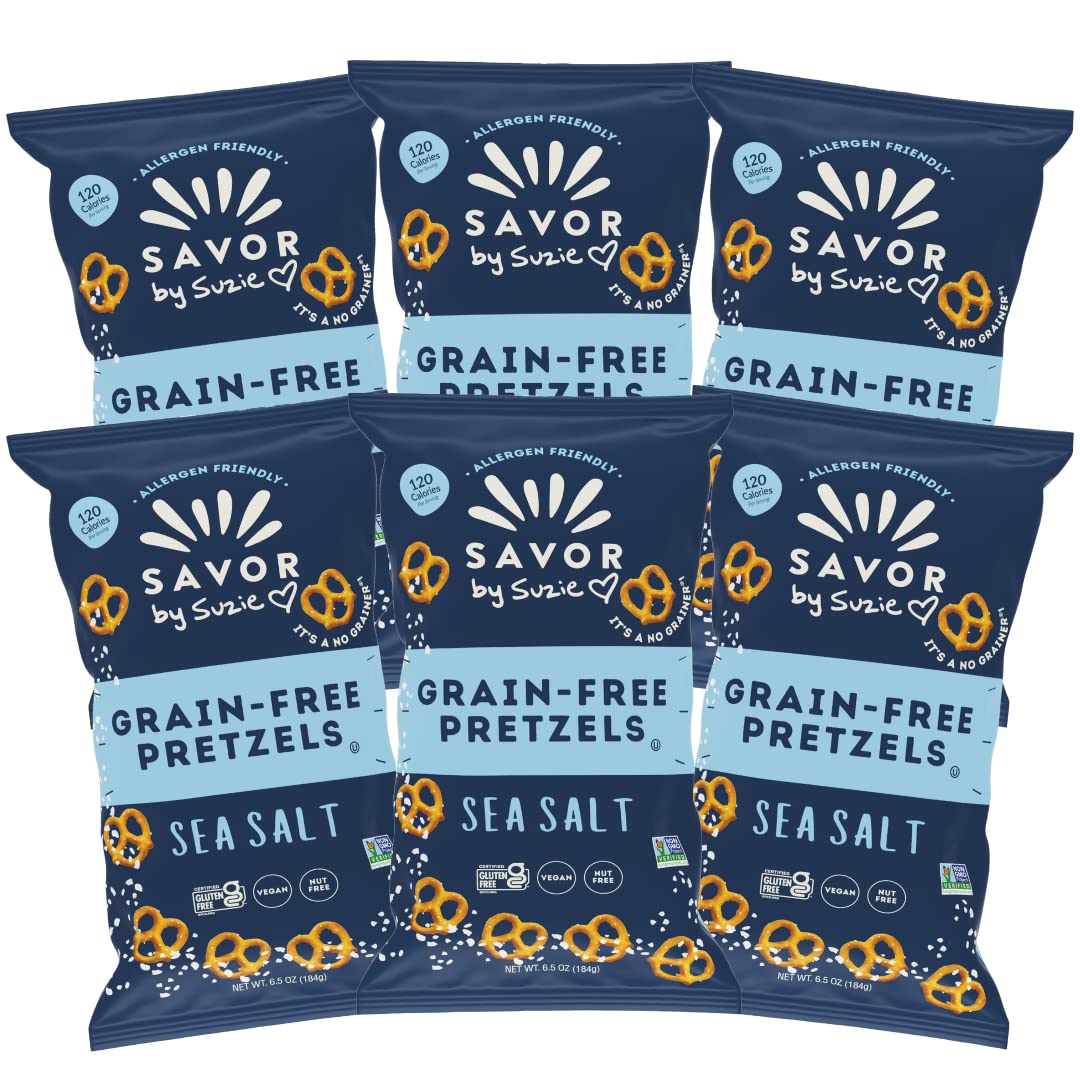 Savor by Suzie front packaging showing six sea salt snack packs and clear branding benefit