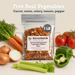 SavorSatch mixed flakes close-up showing carrot, onion, celery, tomato, bell pepper benefits