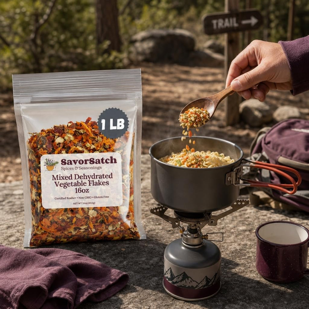 SavorSatch sprinkled into instant ramen showing enhanced flavor and convenience benefit