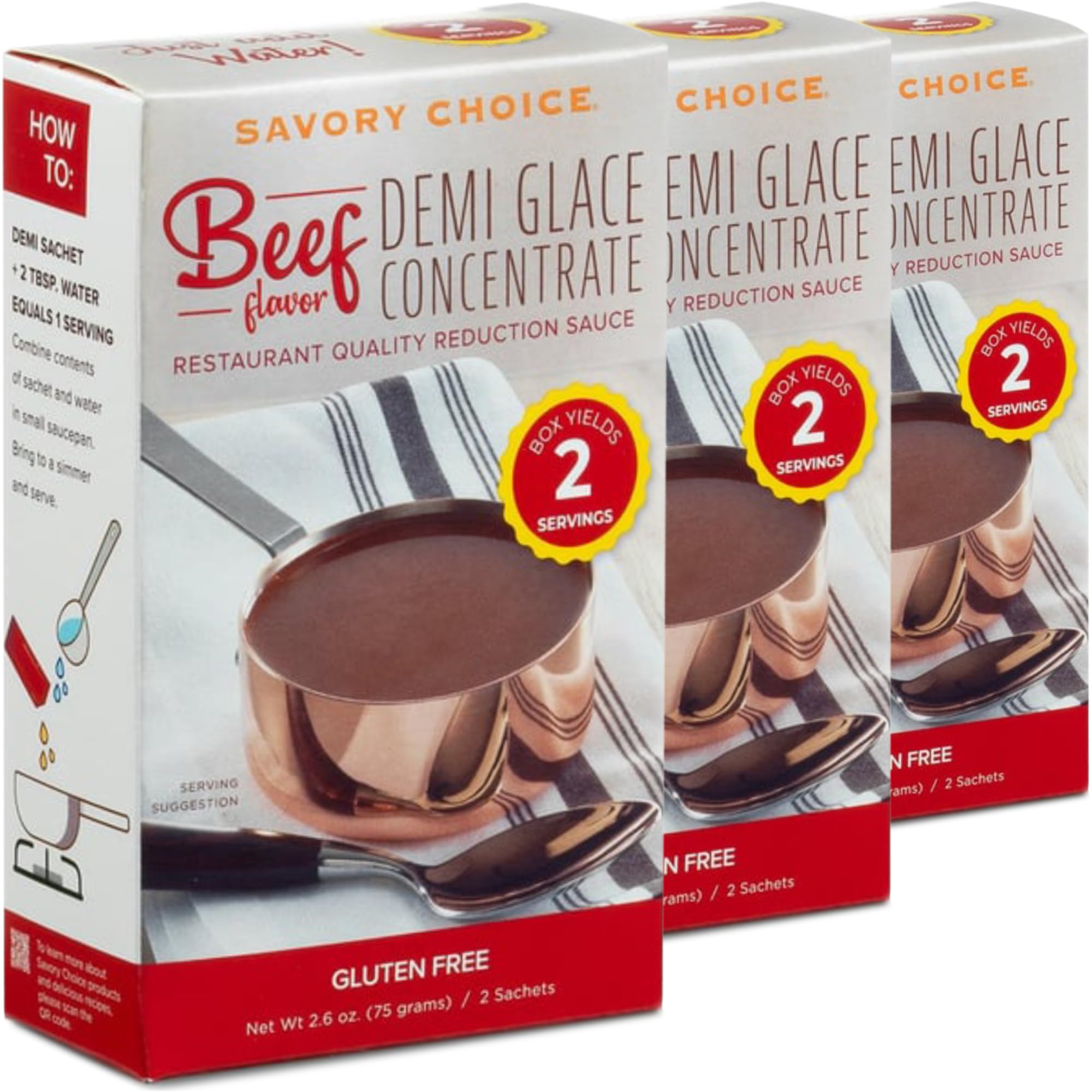 SAVORY CHOICE front packaging showing three boxes of beef demi-glace concentrate, convenient pantry-ready