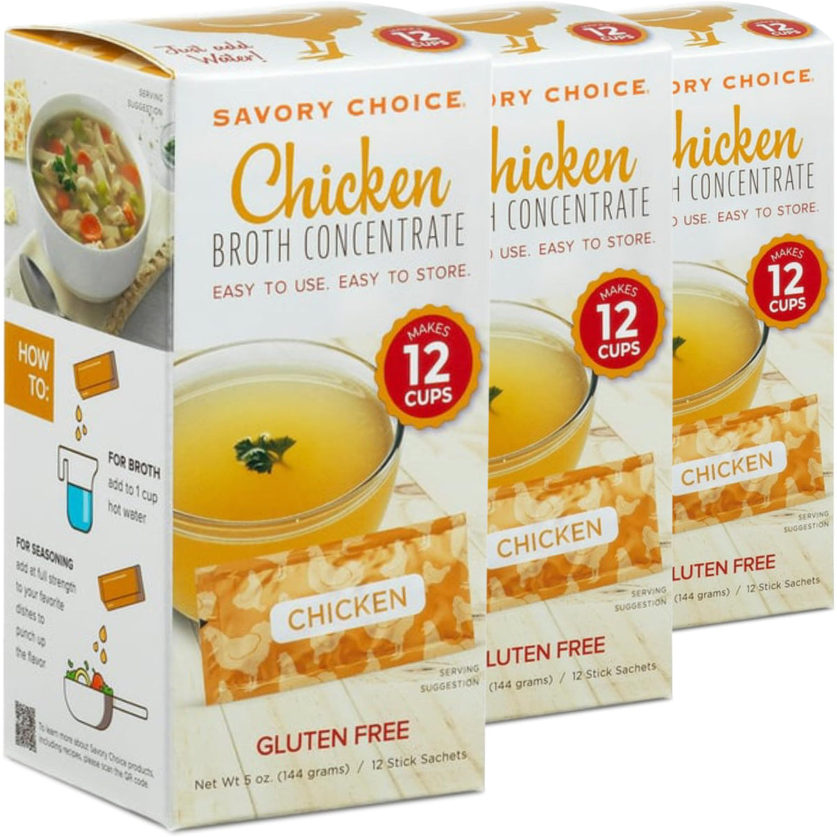 SAVORY CHOICE front packaging showing three boxes and single-serve benefit