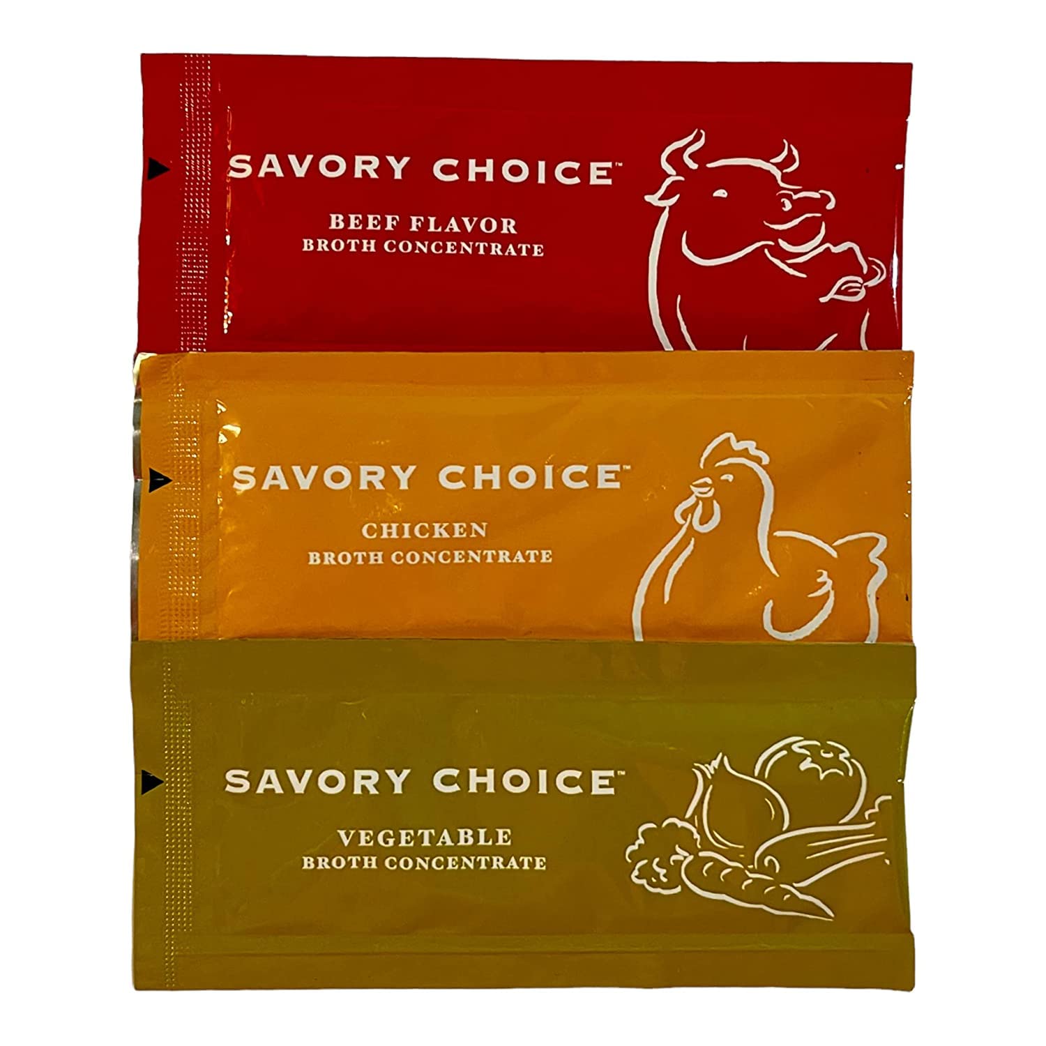 SAVORY CHOICE front packaging showing 16 reduced sodium broth packets and variety
