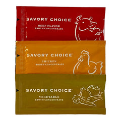 SAVORY CHOICE front packaging showing 16 reduced sodium broth packets and variety