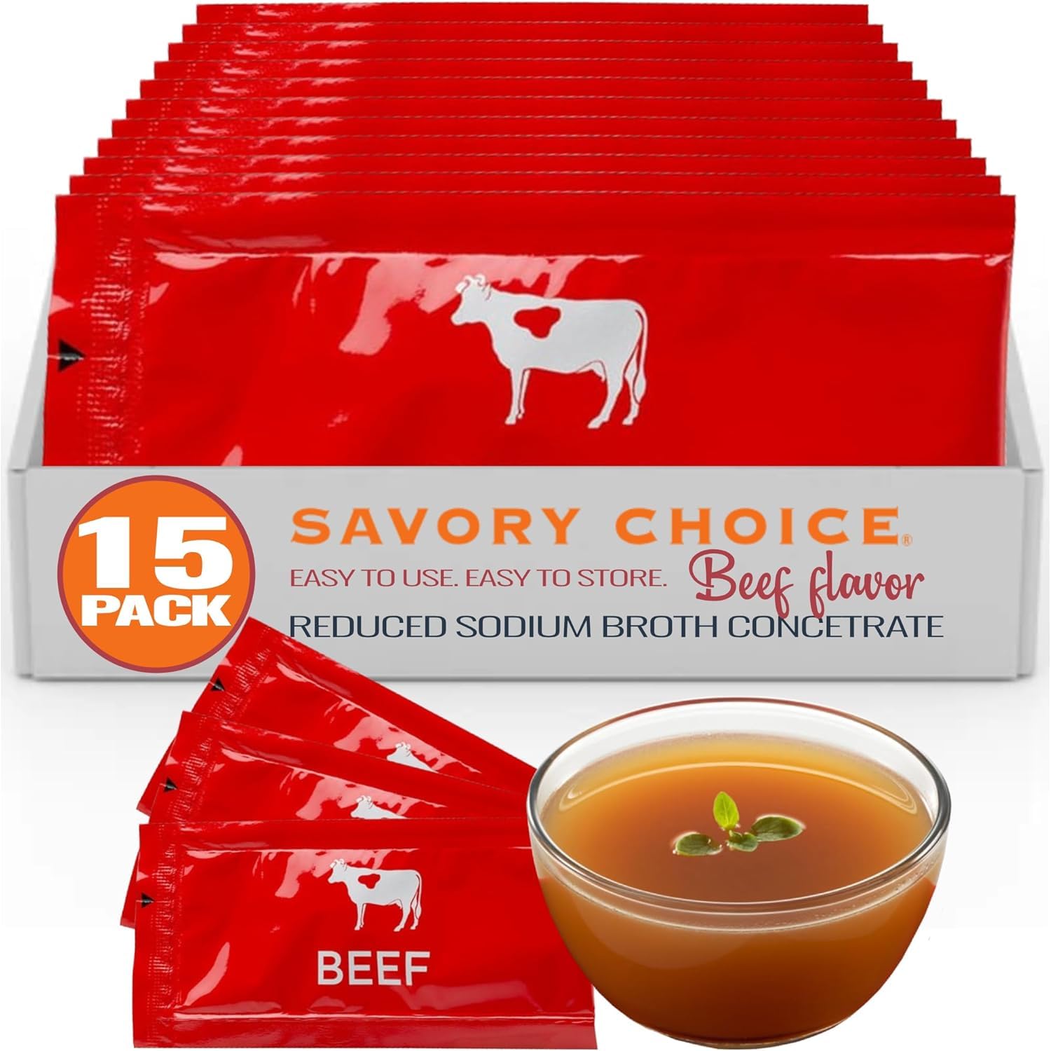 SAVORY CHOICE front packaging showing 15 reduced sodium beef broth packets for easy use