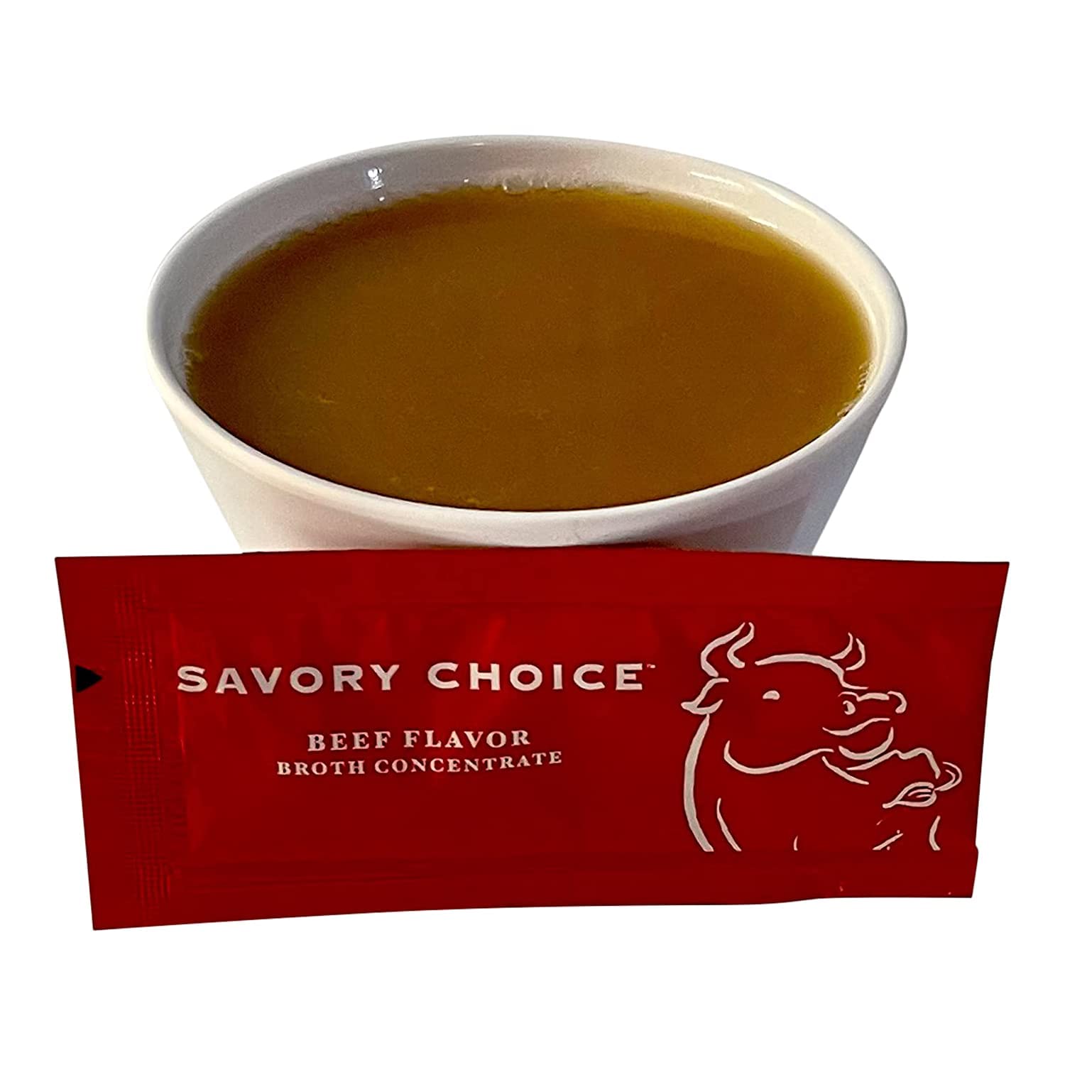 SAVORY CHOICE packet beside teaspoon showing single‑serve portion convenience