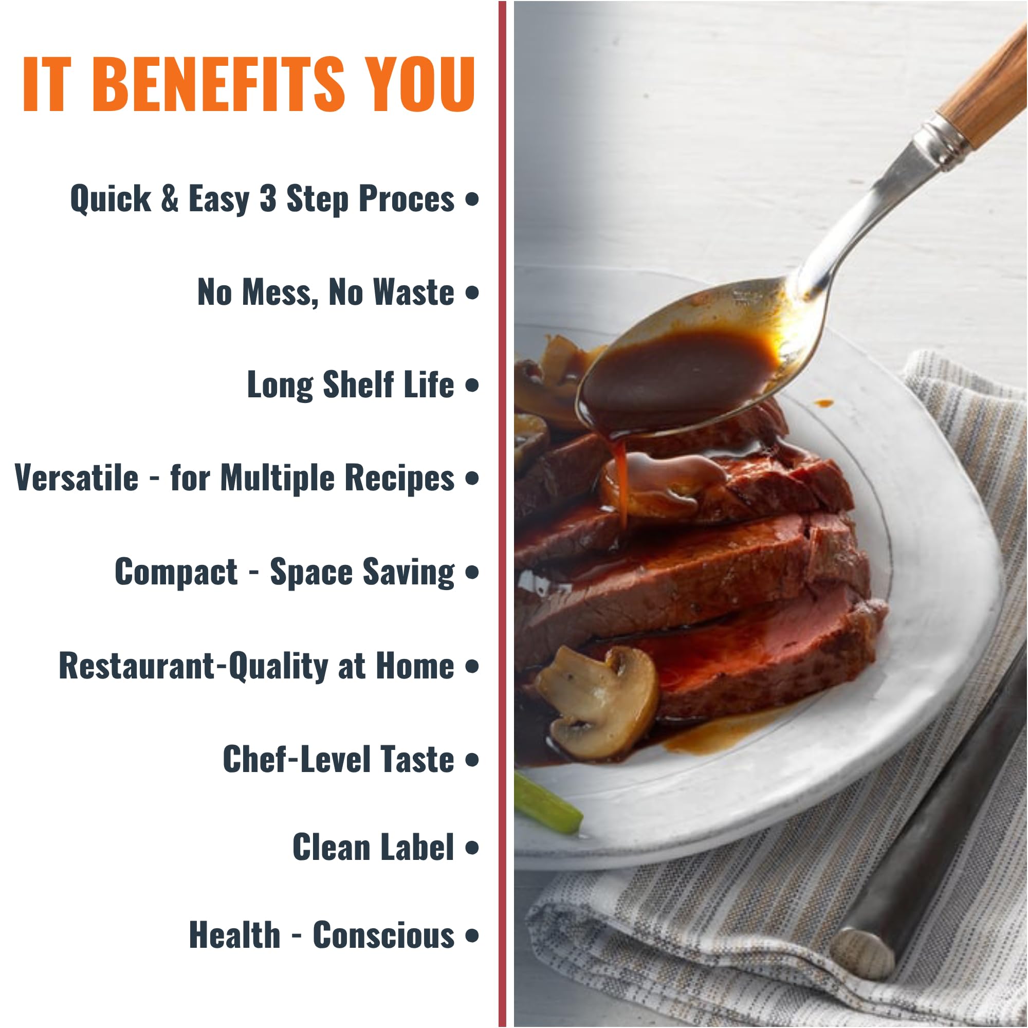 SAVORY CHOICE pan sauce made with demi-glace poured over steak, adding glossy restaurant flavor