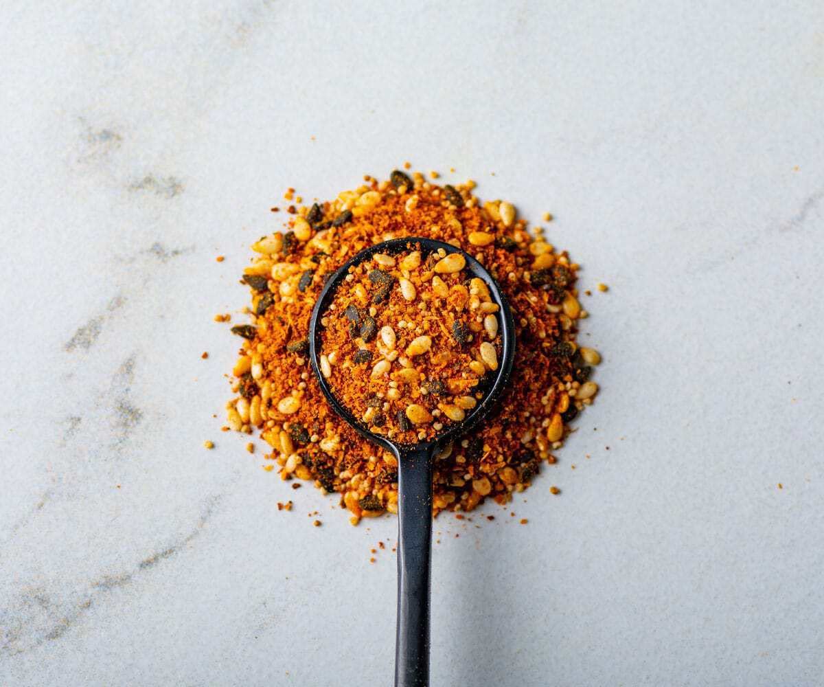 Close-up of Savory Spice blend texture highlighting sesame and citrus notes