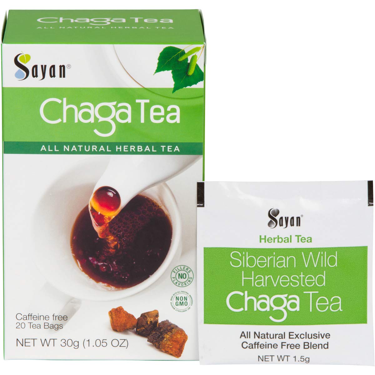Sayan front packaging showing 20-count box and woodsy branding benefit clarity