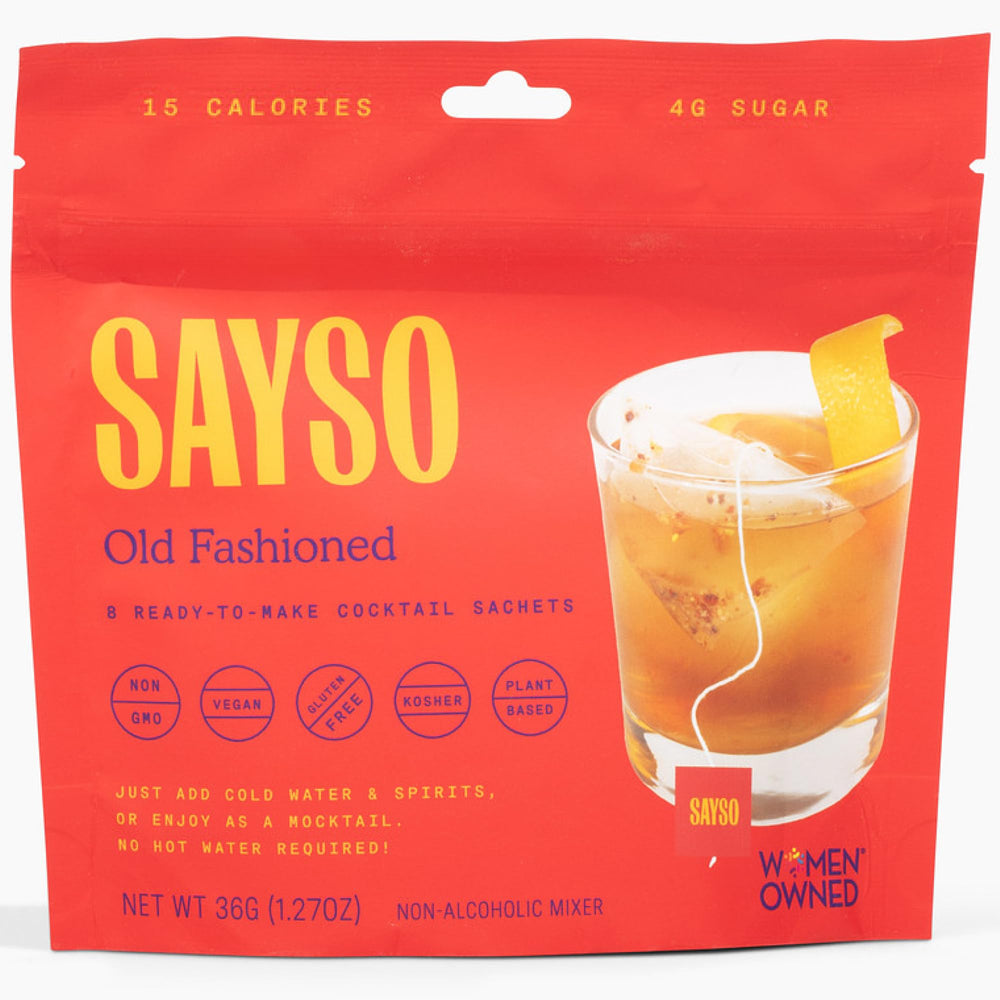 SAYSO front packaging showing 8-pack and low-calorie benefit