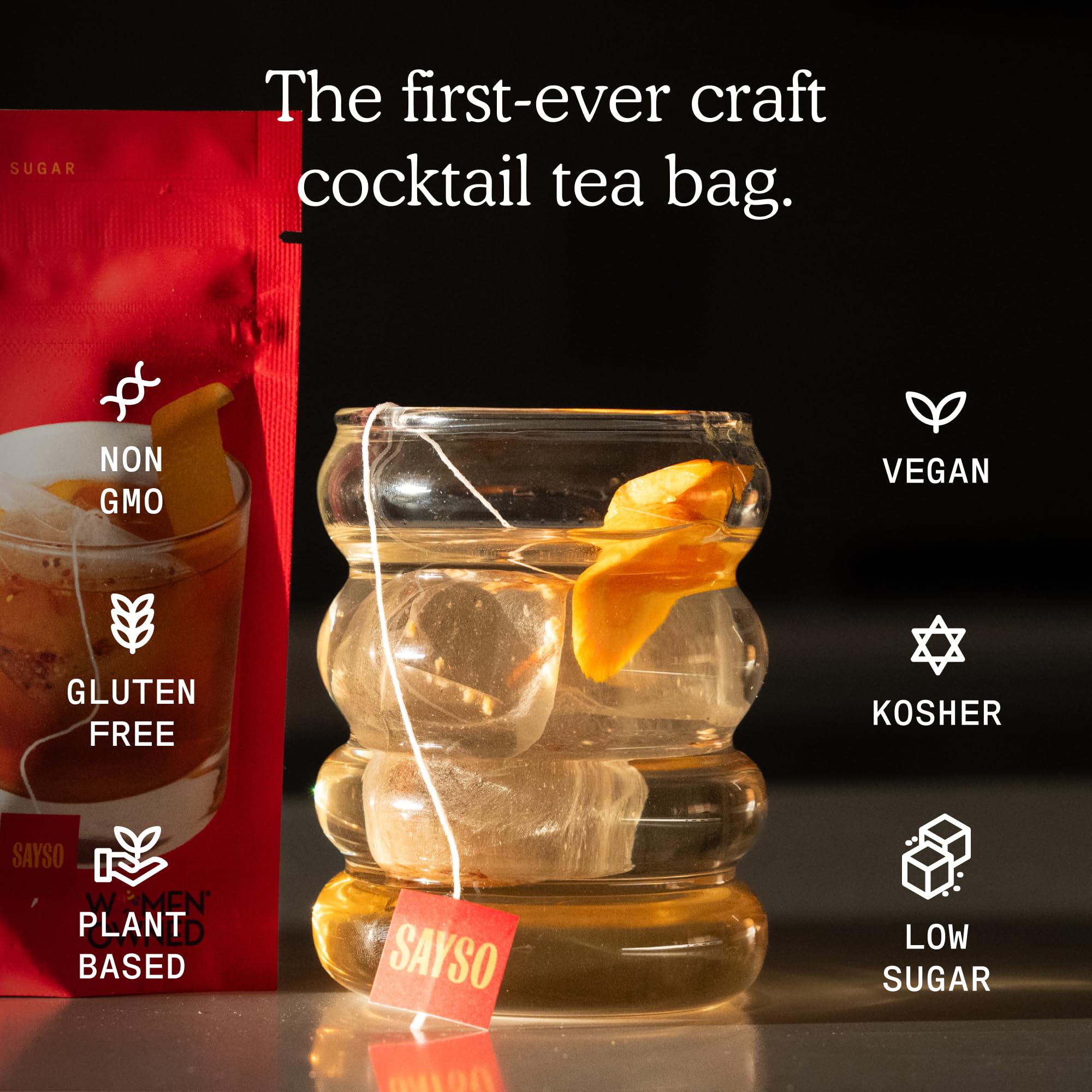 SAYSO tea bag close-up with visible botanicals for easy infusion