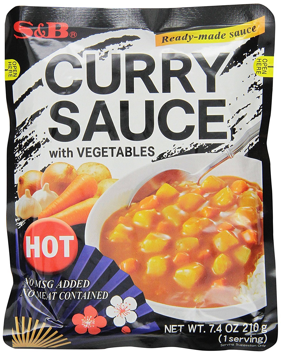 S&B front packaging pouch showing hot vegetable curry, convenient ready-to-heat meal