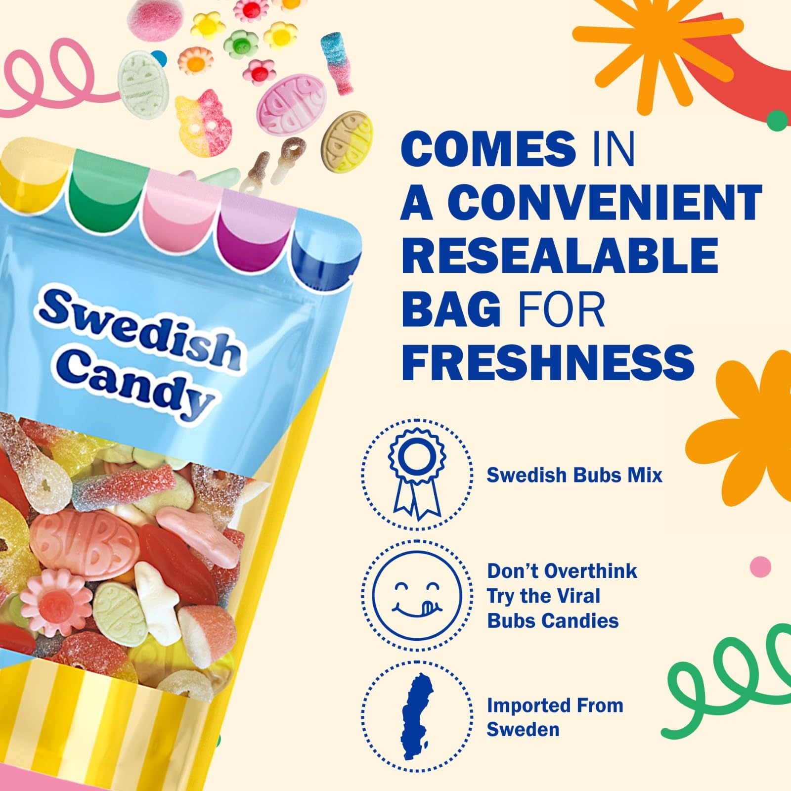 Scandylicious BUBS mixed candies close-up highlighting variety and bright flavors for sharing
