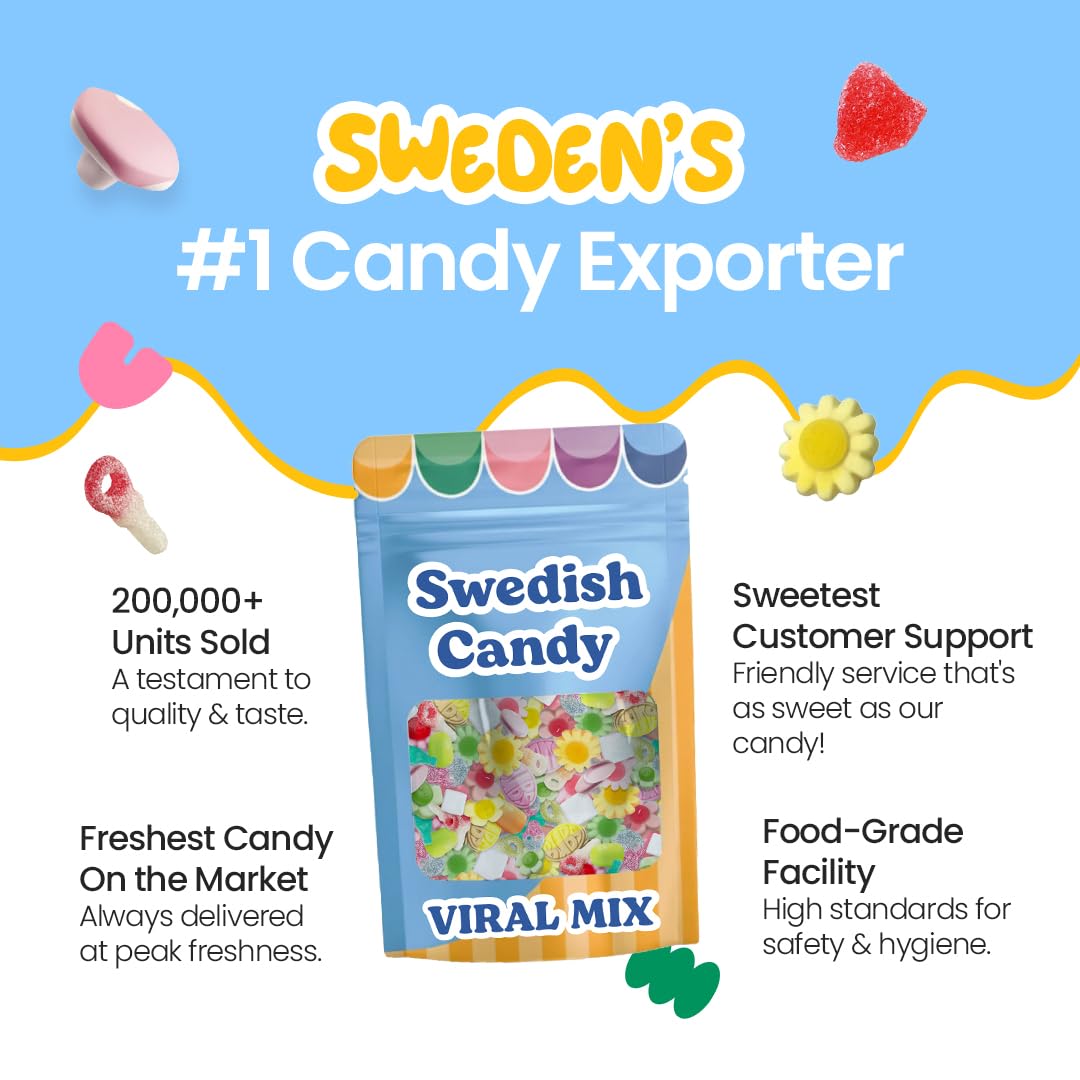 Scandylicious open bag spilling assorted Swedish candies, ideal for sharing at parties