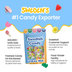 Scandylicious open bag spilling assorted Swedish candies, ideal for sharing at parties