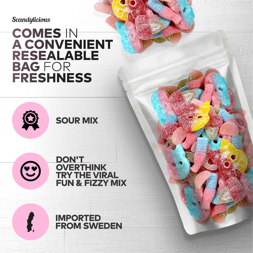 Scandylicious assorted mix detail showing gummy textures and intense sour appeal