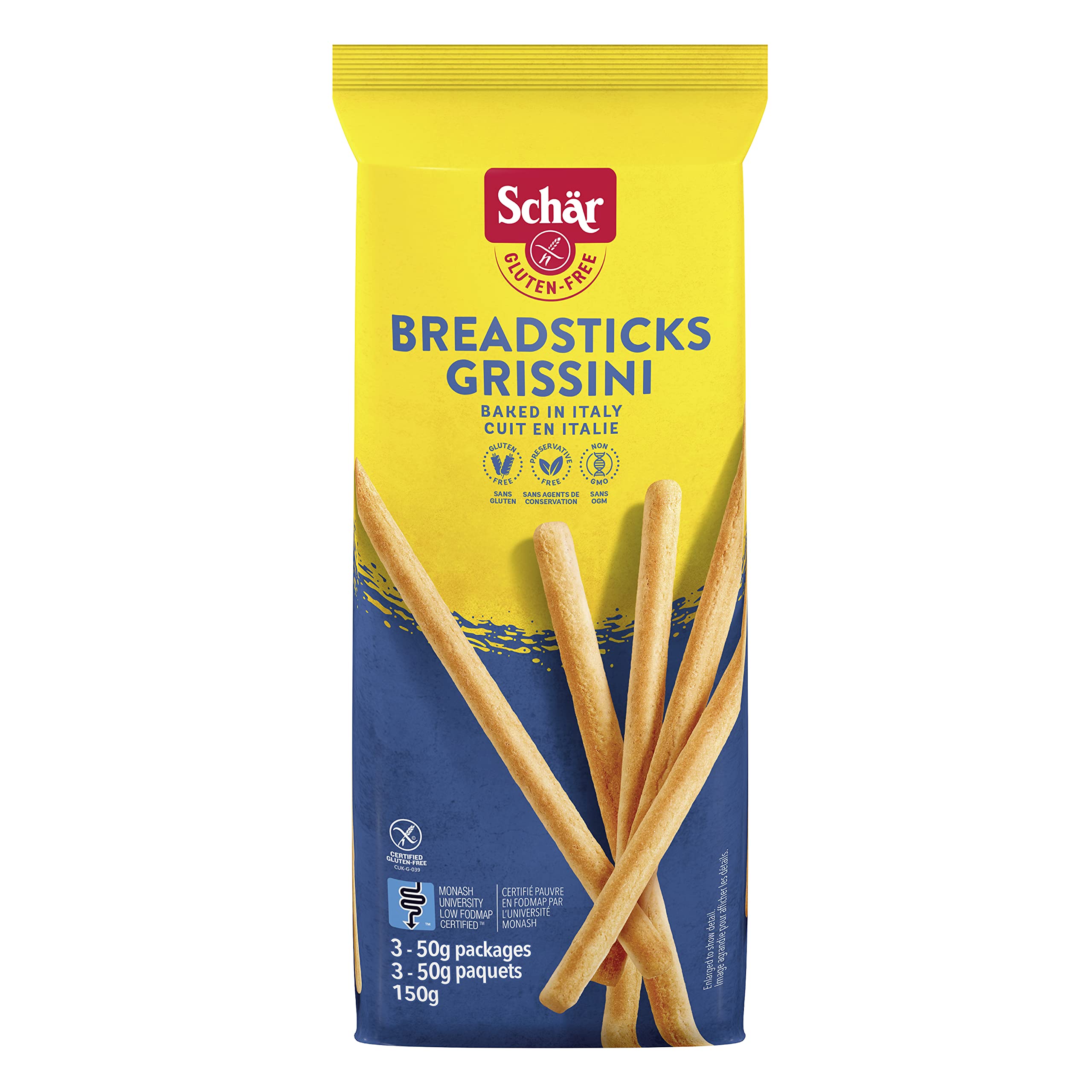Schär breadsticks pack front showing brand and portioned 50 g bags for convenience