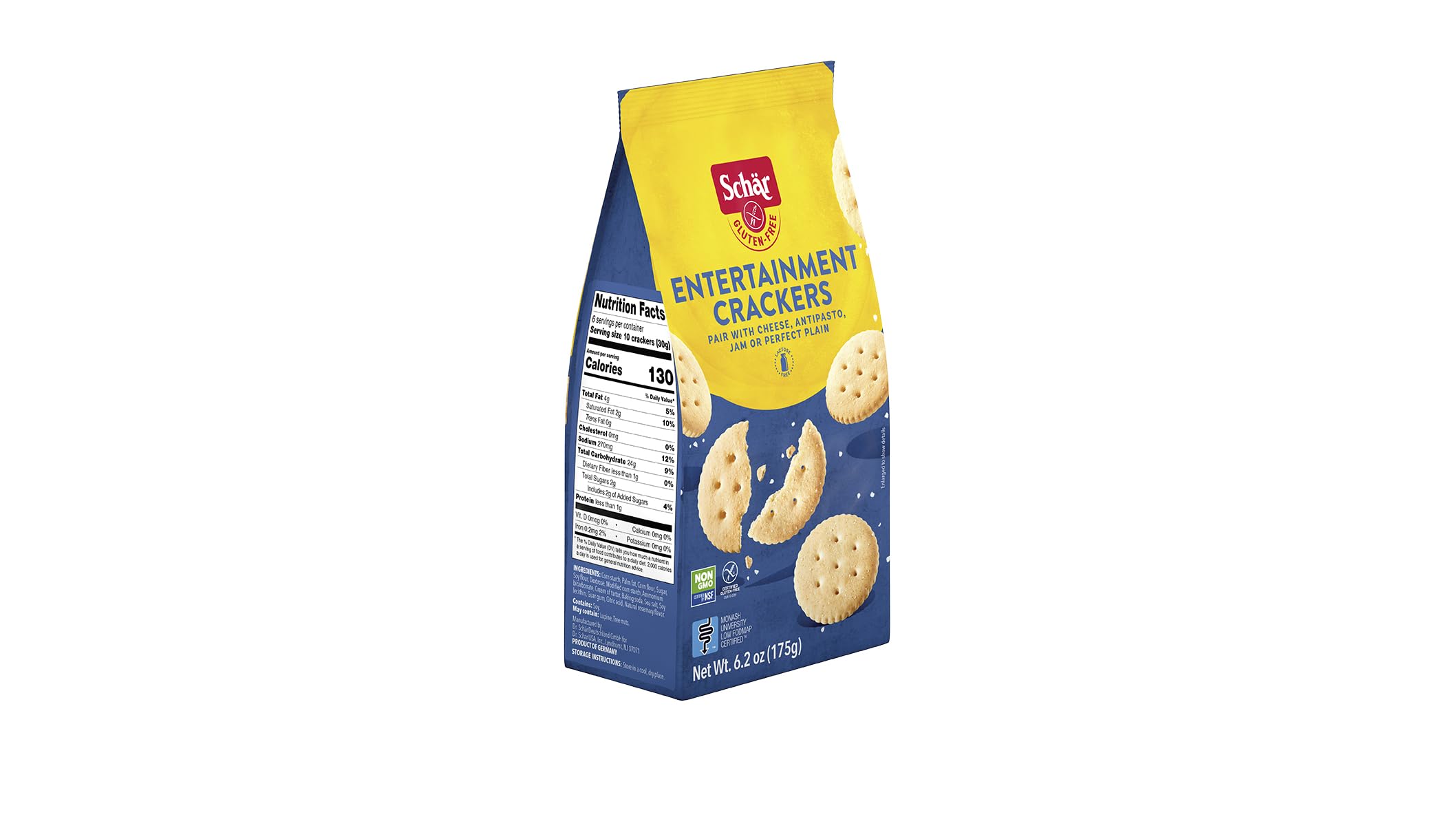 Hand holding Schär cracker to show scale and easy portioning at gatherings