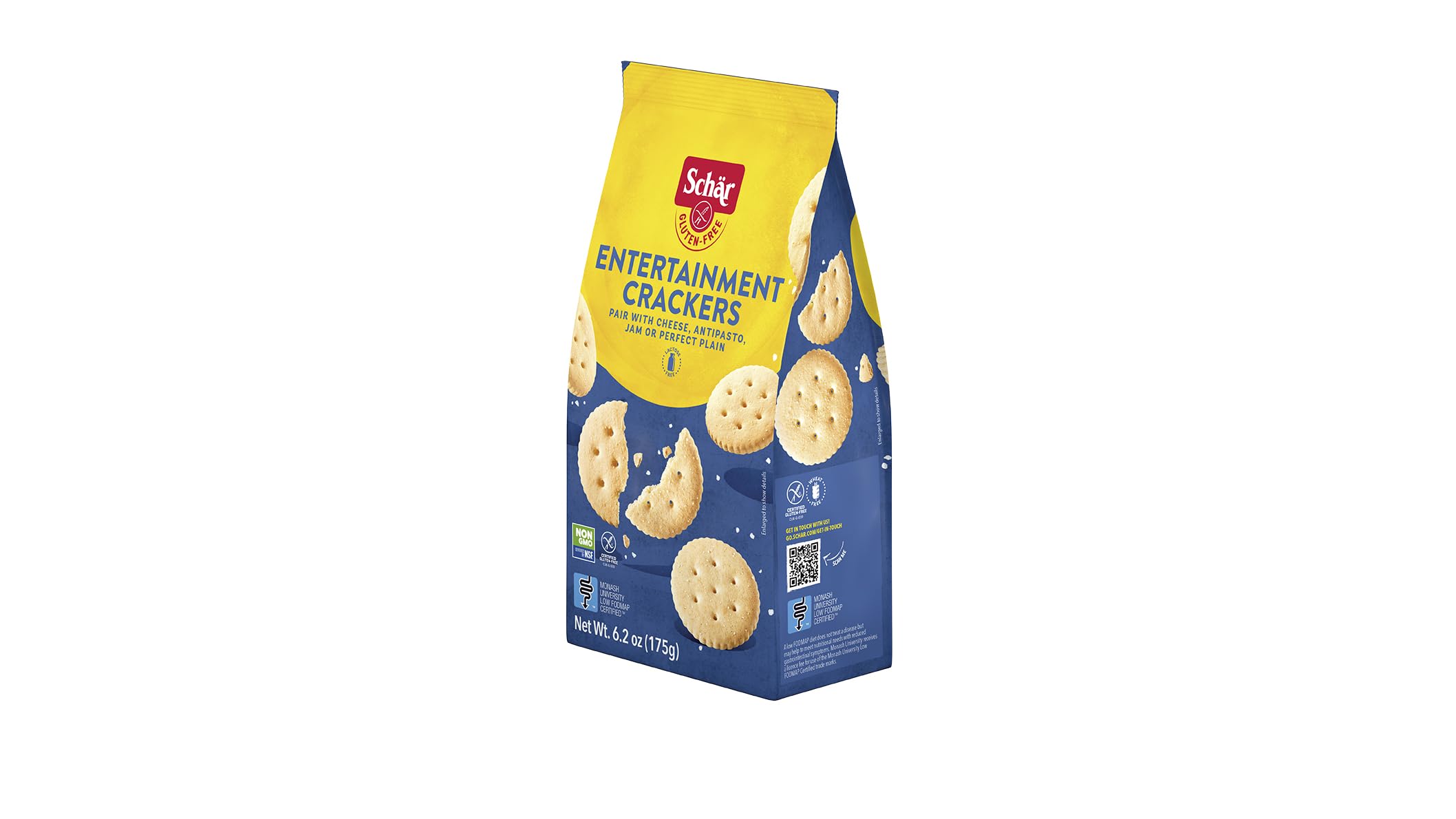 Schär nutrition and ingredient label visible to confirm gluten-free and non-GMO details