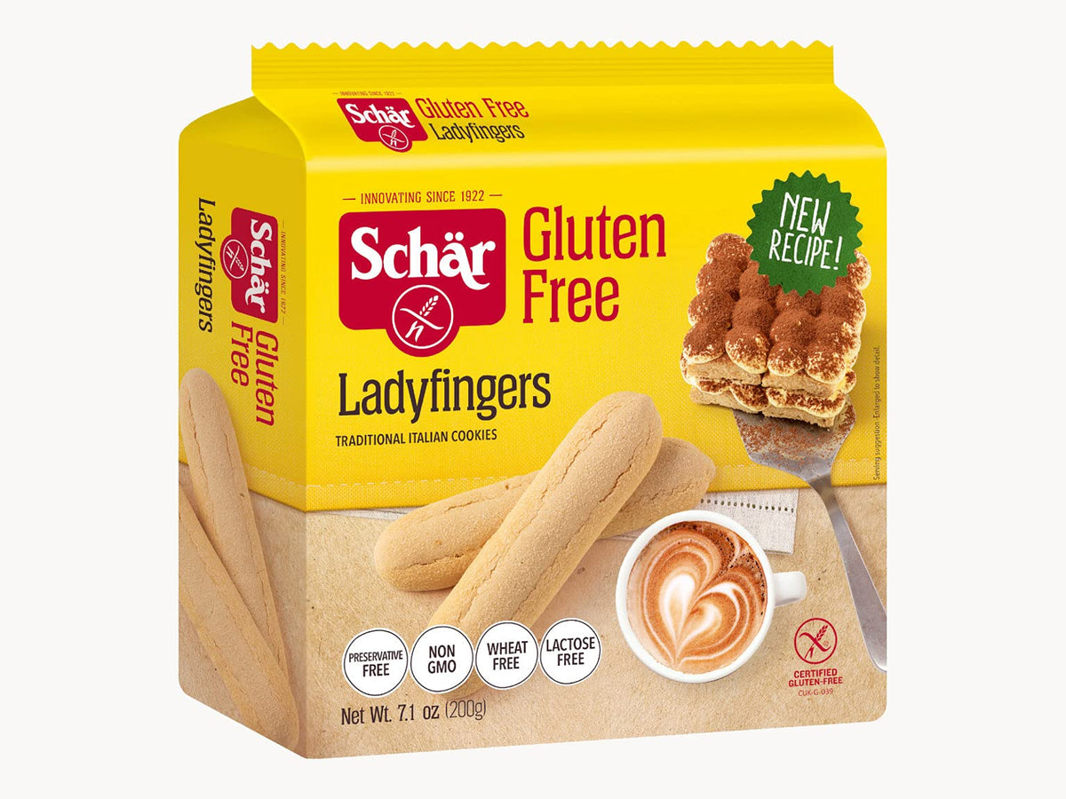 Schär package front showing gluten-free ladyfingers and serving size benefit