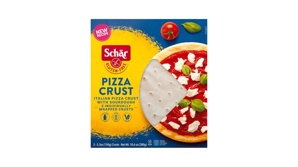 Schär front packaging showing 4-pack crusts and quick meal convenience