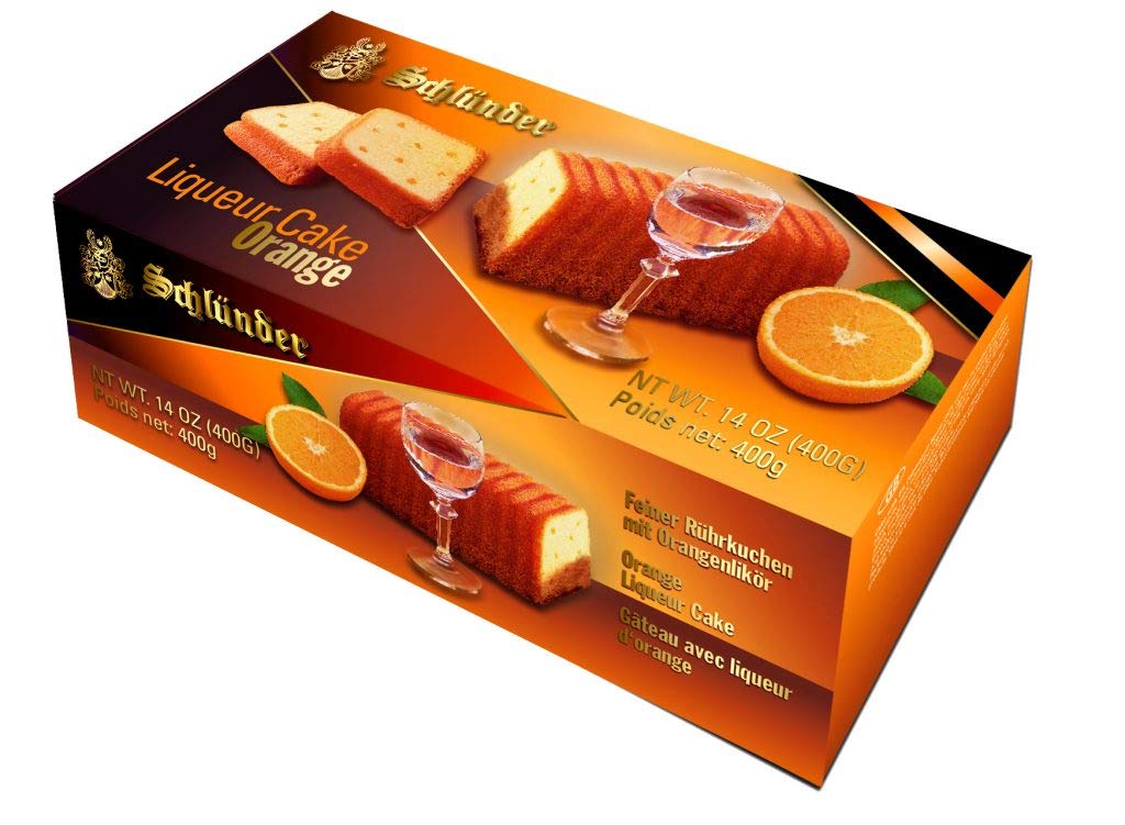 Schlünder orange liqueur cake front packaging showing product and imported label benefit