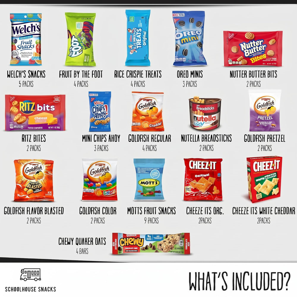 Schoolhouse Snacks opened overhead display with 52 assorted snacks visible