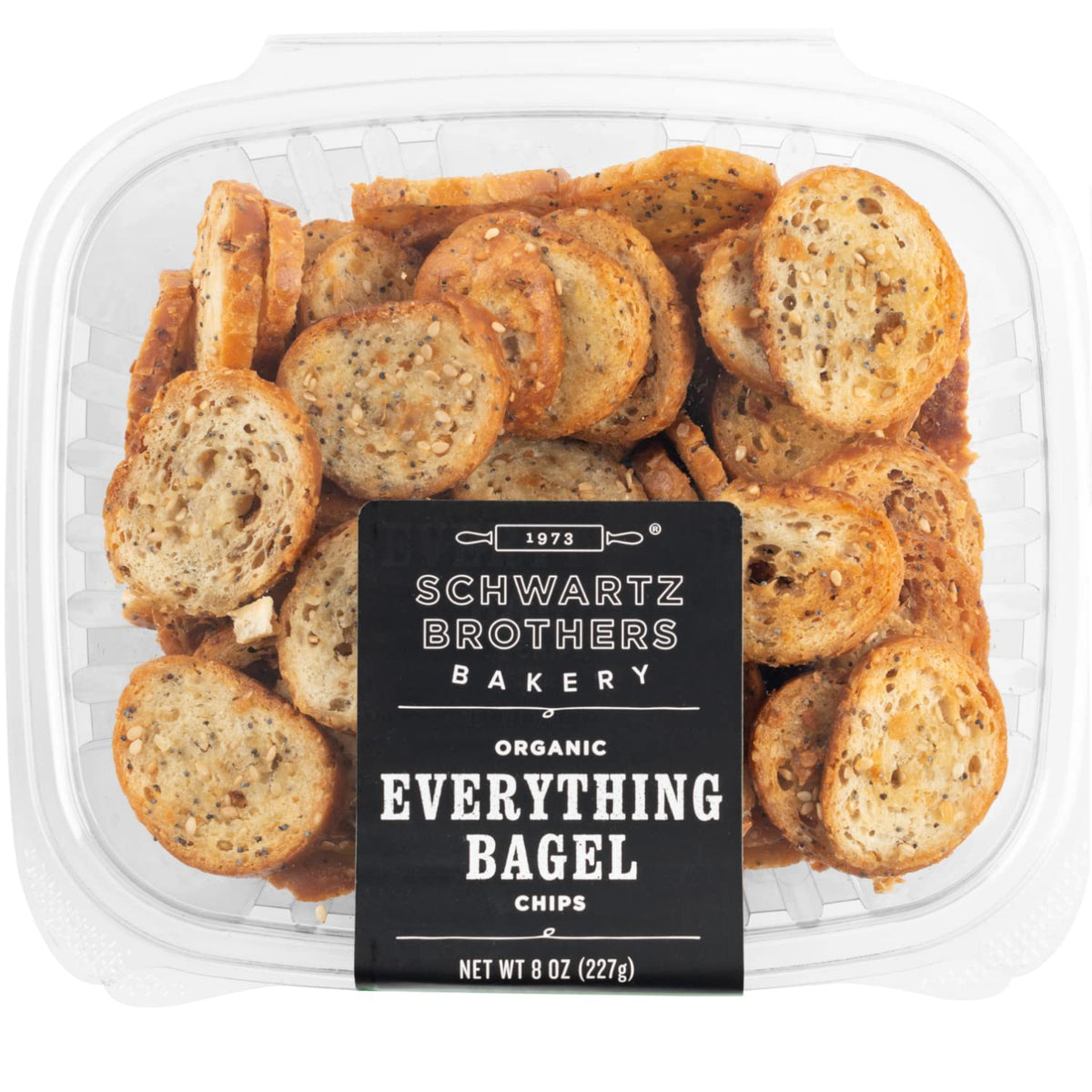 Schwartz Brothers Bakery front packaging showing organic everything bagel chips, clear benefit freshness
