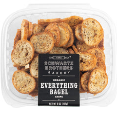 Schwartz Brothers Bakery front packaging showing organic everything bagel chips, clear benefit freshness