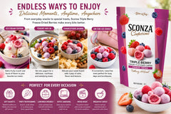 sconza trio of strawberry blueberry raspberry showing natural color and variety