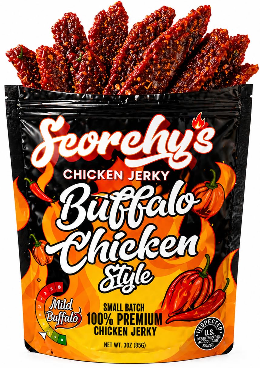 Scorchy's front packaging showing bold buffalo chicken branding and spicy appeal