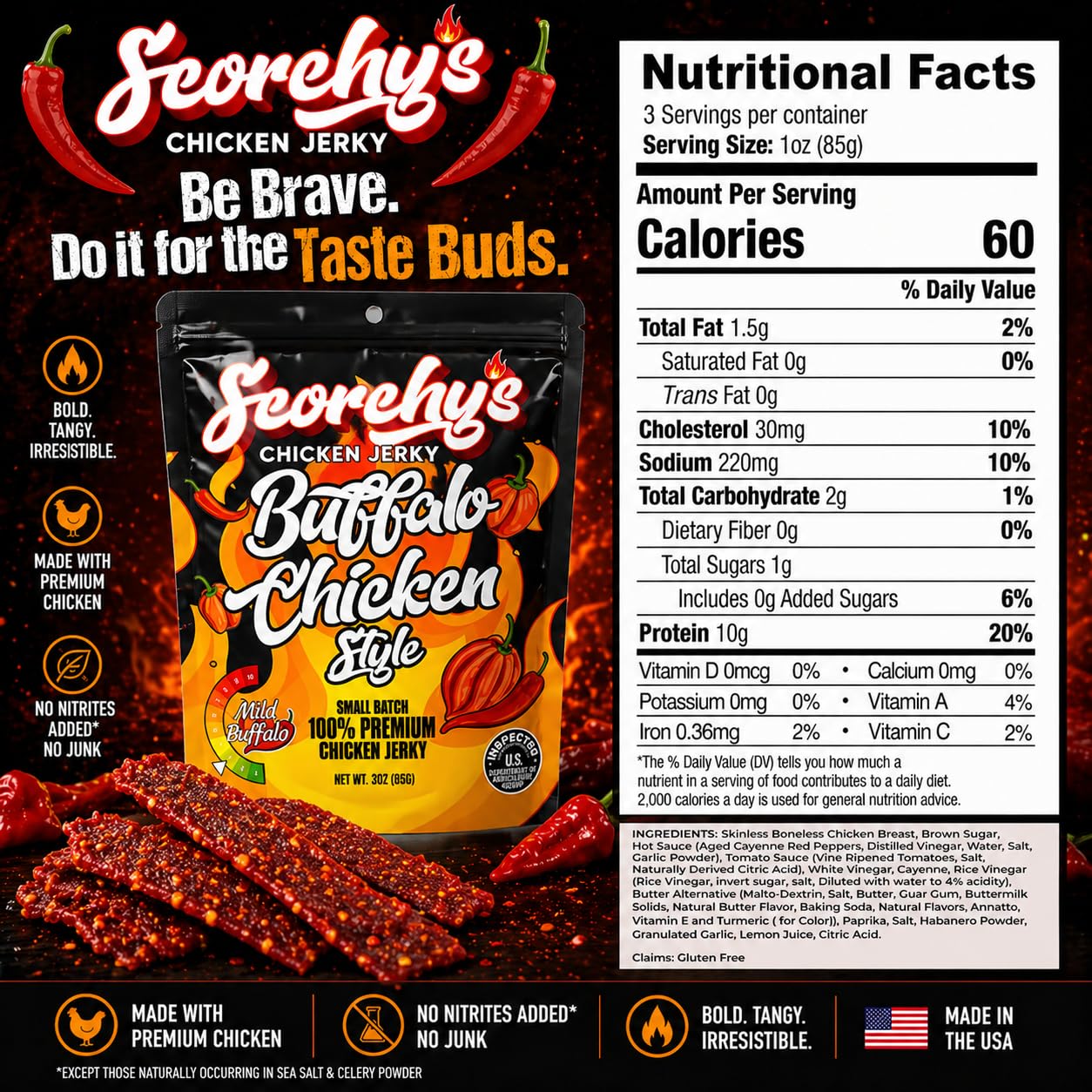 Nutrition and ingredients label from Scorchy's packaging showing clean, simple ingredients