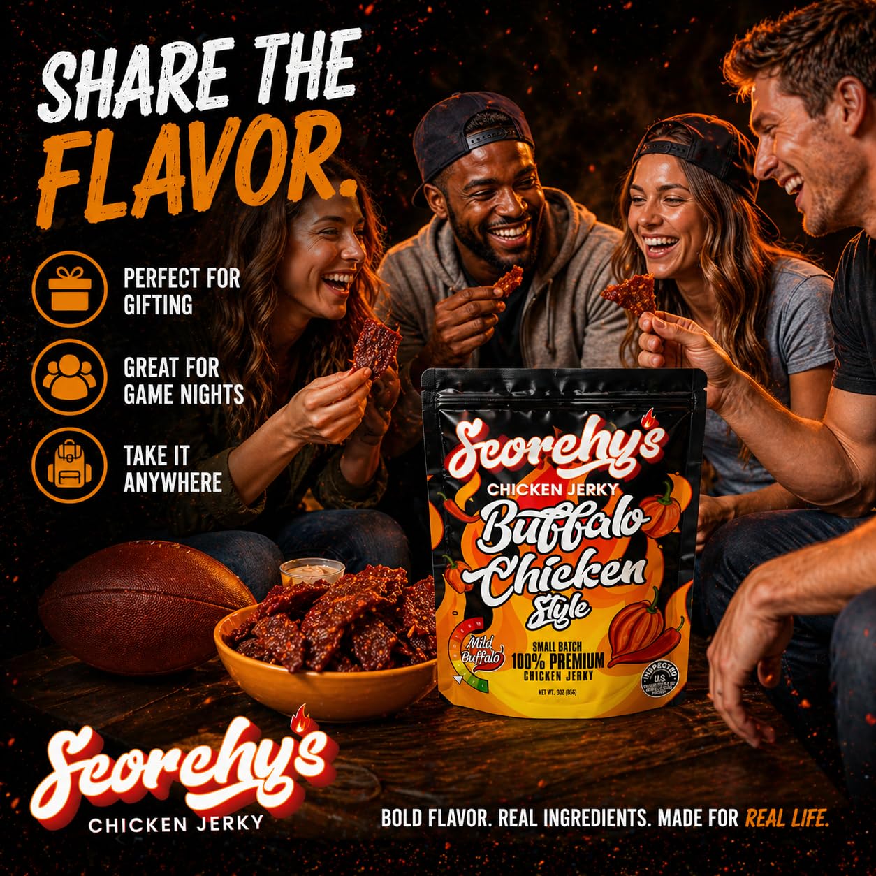 Hand holding Scorchy's packet to show scale and portable high-protein convenience