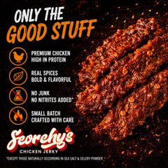 Close-up of a Scorchy's chicken jerky strip highlighting smoky seasoning and texture
