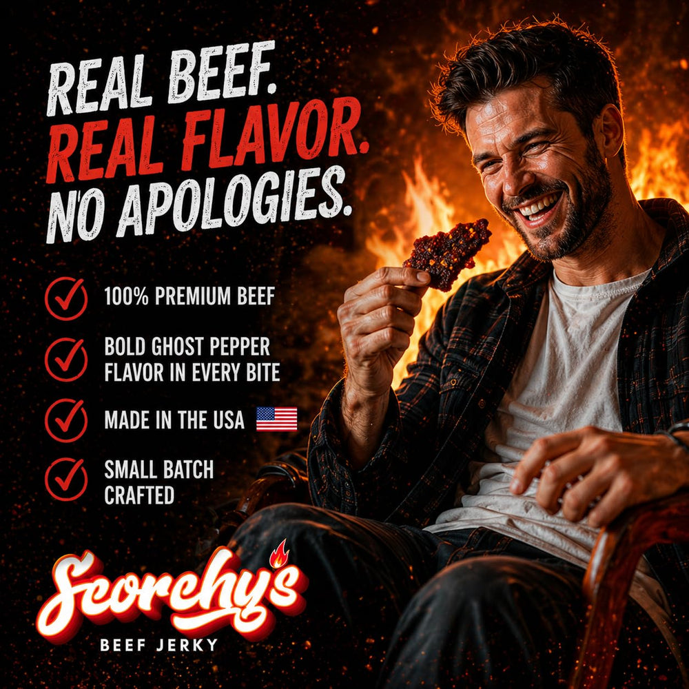 Scorchy's Jerky close-up texture highlighting lean beef and smoke flavor
