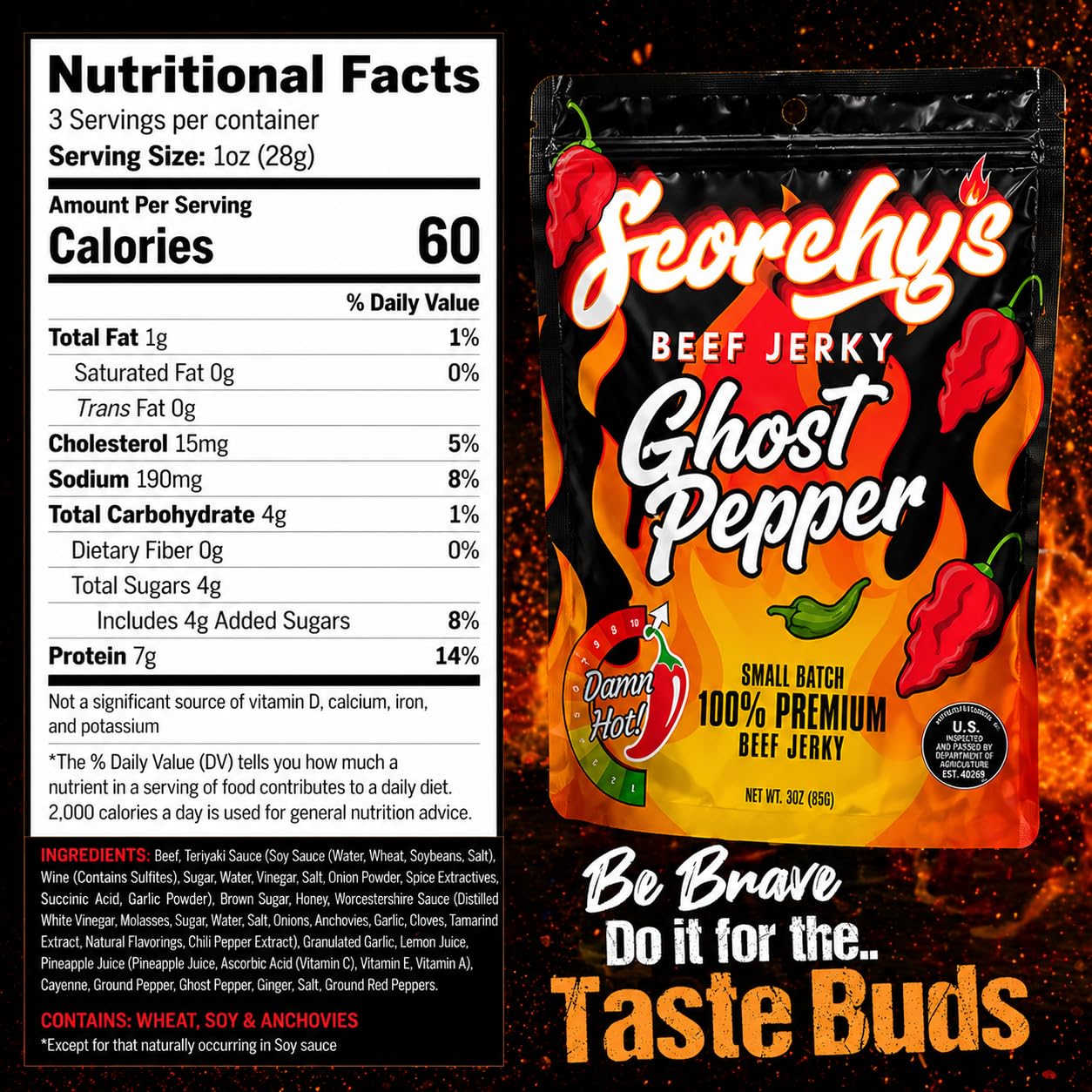 Scorchy's Jerky ingredient label close-up showing USDA Choice and quality