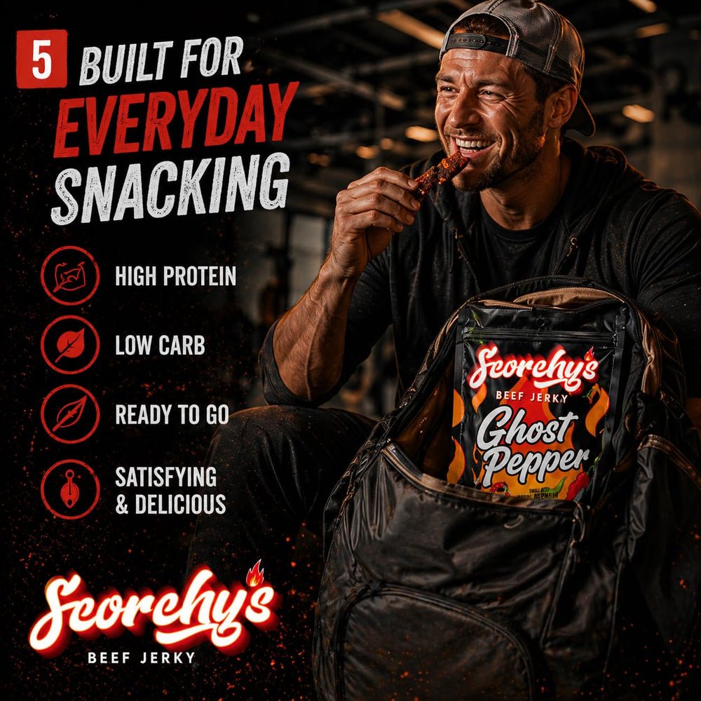 Scorchy's Jerky portion beside ruler for clear size and serving benefit