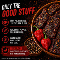 Scorchy's Jerky slice detail with visible char and intense spice benefit